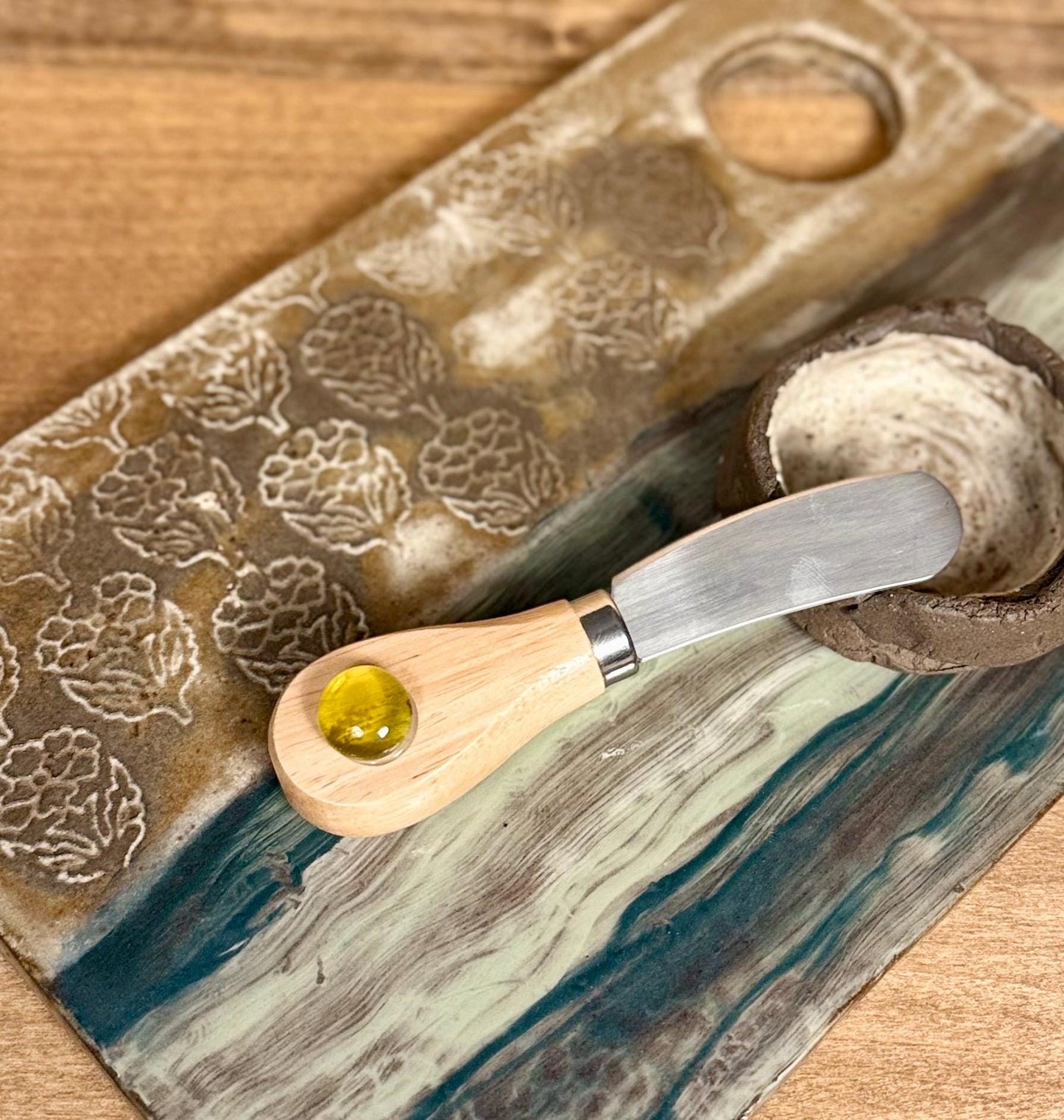 Charcuterie board with bowl for fig jam